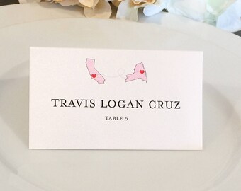 Long Distance Travel State States Countries Theme Wedding Custom Customize Place Cards Watercolor Simple Elegant Names Guest Escort Cards