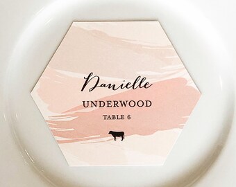 Hex Hexagon Watercolor Blush Pink Design Wedding Custom Place Cards Gold Guest Names Escort Cards Food Allergy Gluten Free