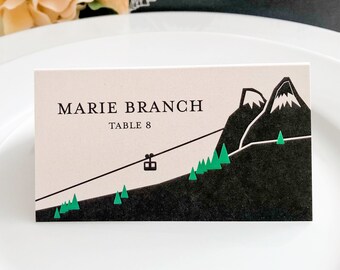 Snowboard Ski Slope Winter Lift Place Cards Wedding Custom Customize Escort Seating Cards Snowflake Simple Elegant Guest Names 20's Inspired