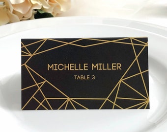 Geometric Modern Black Gold Design Wedding Custom Place Cards Gold Simple Elegant Names Guest Escort Cards Food Allergy Gluten Free