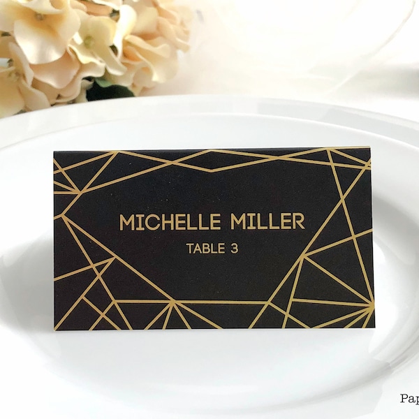 Geometric Modern Black Gold Design Wedding Custom Place Cards Gold Simple Elegant Names Guest Escort Cards Food Allergy Gluten Free