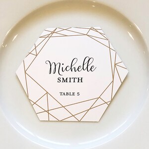 Hex Hexagon Geometric Modern White Gold Design Script Text Wedding Custom Place Cards Gold Guest Names Escort Cards Food Allergy Gluten Free image 1