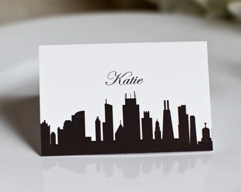 Chicago Place Cards Wedding Custom Customize Skyline Cityscape Escort Seating Cards Simple Elegant Guest Names