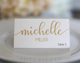 Script Wedding Custom Customize Place Cards Gold Simple Elegant Names Guest Escort Cards Calligraphy