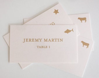 Script Food Icon Food Choice Indication Wedding Custom Customize Flat Place Cards Gold Simple Elegant Names Guest Escort Cards