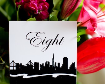 San Francisco 4 x 5 inch Wedding Table Numbers SF Skyline Sign Custom Cityscape Customize Simple Elegant