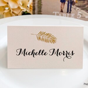 Tropical Palm Tree Leaf Gold Wedding Custom Customize Design Escort Cards Place Cards Simple Elegant Names Guest