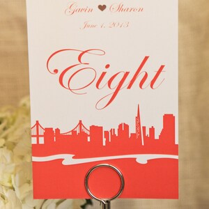 San Francisco 5 x 7 inch Wedding Table Numbers SF Skyline Sign Custom Cityscape Customize Simple Elegant