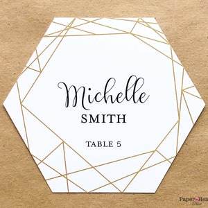 Hex Hexagon Geometric Modern White Gold Design Script Text Wedding Custom Place Cards Gold Guest Names Escort Cards Food Allergy Gluten Free image 2