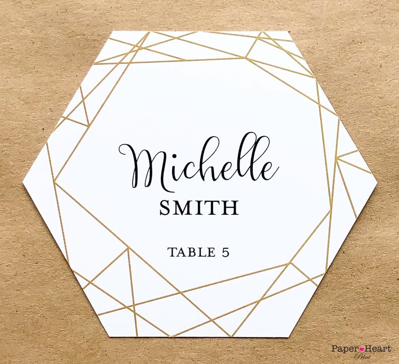 Hex Hexagon Geometric Modern White Gold Design Script Text Wedding Custom Place Cards Gold Guest Names Escort Cards Food Allergy Gluten Free image 2