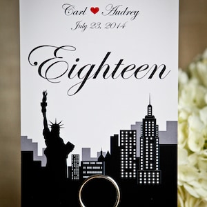 New York 5 x 7 inch Wedding Table Numbers NYC Cityscape Skyline Sign Custom Customize Simple Elegant