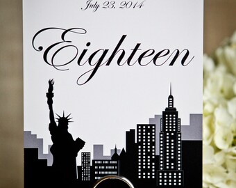 New York 5 x 7 inch Wedding Table Numbers NYC Cityscape Skyline Sign Custom Customize Simple Elegant
