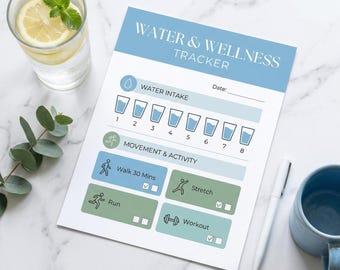 Registro de bienestar acuático imprimible en PDF: Hidratación diaria, sueño, comidas, ejercicio, estado de ánimo, registro de salud (descargable)