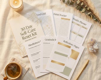 Reto de autocuidado de 30 días: Planificador de bienestar imprimible en PDF y diario de hábitos de salud mental (descargable)