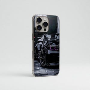Black Car Purple Light iPhone Case | Tempered Glass Phone Cover | Cool Automotive Case for iPhone 11 12 13 14 15 16 17