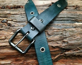 Teal Leather Belt, Black Belt Buckle, Custom Size Leather Belt, Blue Leather Belt with Round Eyelets