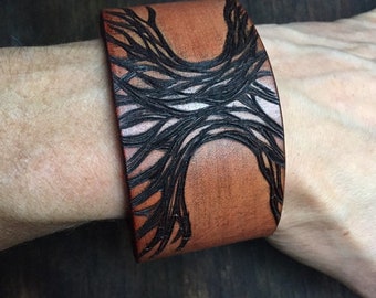 Roots Tree Leather Cuff, Personalized Gift for Him,  Leather Bracelet for Her