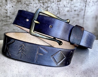 Leather Belt, Dark Forest, Boho Buckle, Black Leather