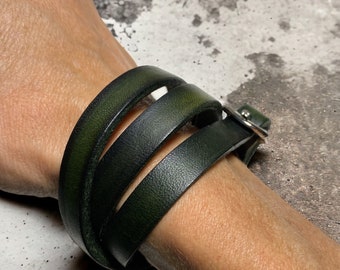 Forest Green Leather Bracelet, Wrapping Narrow Bracelet, Personalized Gift for Him Her