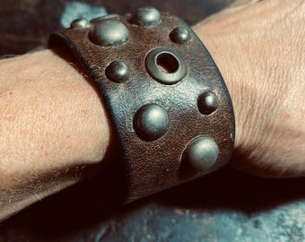 Antiqued Studded Leather Bracelet, Studded Phantasy Medieval Design, Reclaimed Leather Cuff