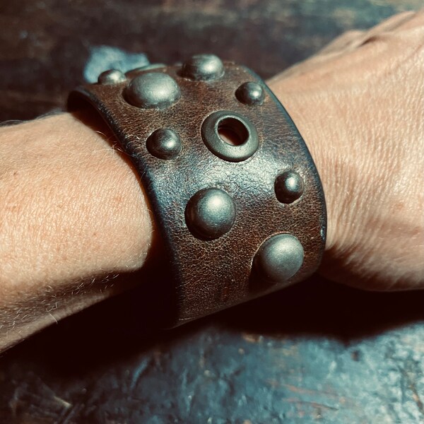 Antiqued Studded Leather Bracelet, Studded Phantasy Medieval Design, Reclaimed Leather Cuff