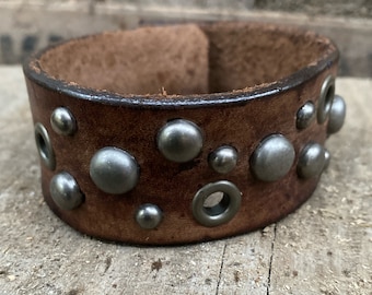 Antiqued Studded Leather Bracelet, Studded Phantasy Medieval Design, Reclaimed Leather Cuff, Let me know your wrist size