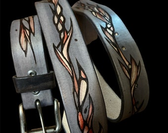 Order a Custom Leather Belt with Burned in Floral Design, Wedding Gift, Anniversary Gift