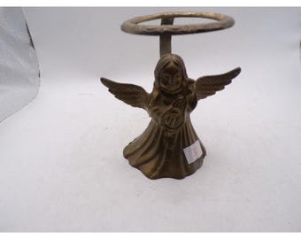 Vintage Solid Brass Angel Figurine Playing Harp with Halo Made in India 4 inch