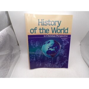 May include: A hardcover book titled "History of the World in Christian Perspective." The cover features a globe graphic with Europe highlighted, surrounded by historical figures. The title is in green, with a blue and purple background.