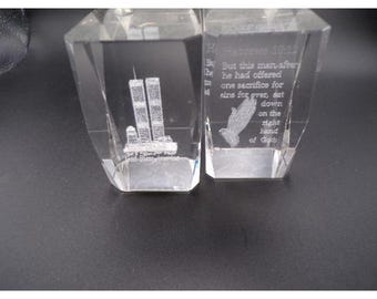 Crystal Glass Twin Towers Memorial Praying Hands Scripture Verse Paperweights