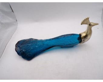 Frasco de perfume vintage Avon em vidro azul com pavão e cabeça dourada, 20 cm (8 polegadas)