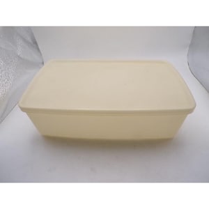 May include: A rectangular, off-white plastic container with a matching lid. The container has a slightly rounded shape and a smooth surface. The lid fits snugly on top, creating a sealed storage space. The container is designed for food storage.