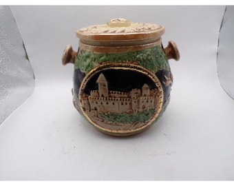 Vintage German Ceramic Pot Lidded Biscuit Jar Embossed Castle Scene Figuri