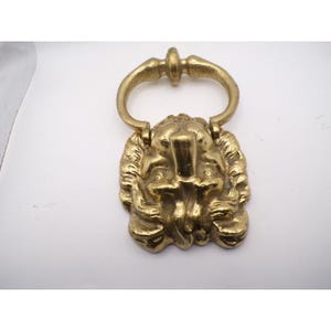 May include: A brass door knocker featuring a lion's head design. The knocker has a ring handle and is made of a gold-colored metal. The lion's head has detailed features, including a mane and facial details.