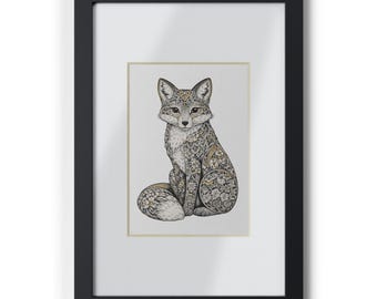 May include: A framed print showing a detailed illustration of a fox. The fox is seated, with intricate patterns in its fur in shades of grey, tan, and white. The artwork is set against a cream background within a black frame, suitable for home decor.