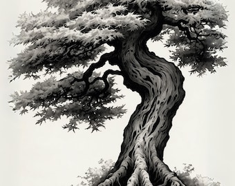 May include: Monochrome illustration of a bonsai tree. The tree features a gnarled trunk and detailed foliage. The roots are exposed, and the image is set against a plain white backdrop.