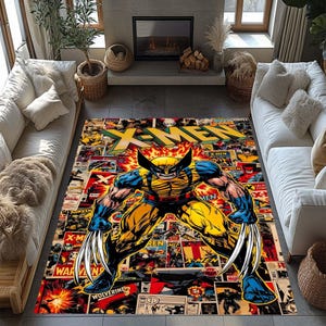 May include: A rectangular rug with a comic book design, featuring the X-Men logo and Wolverine. The rug displays a collage of comic book panels in various colours, with a central image of Wolverine in a dynamic pose.
