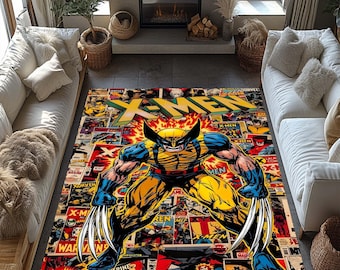 XMen Rug, Comic Book Carpet, Superhero Decor, Wolverine Rug, Retro Comic Art, Pop Art Rug, Geek Room Decor, Hero Theme Carpet,Nerd Gift Idea