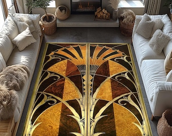 May include: A rectangular area rug with an Art Deco design. The rug features a symmetrical pattern with fan-shaped elements in shades of brown, gold, and black. The rug is bordered with a gold trim and is placed between two white sofas.