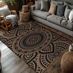 Mandala-mönstermatta, Boho-matta, Geometrisk designmatta, Etnisk matta, Svart och beige dekorativ matta, Modern Boho, Hantverksmässig, Intrikat mönster bild 2