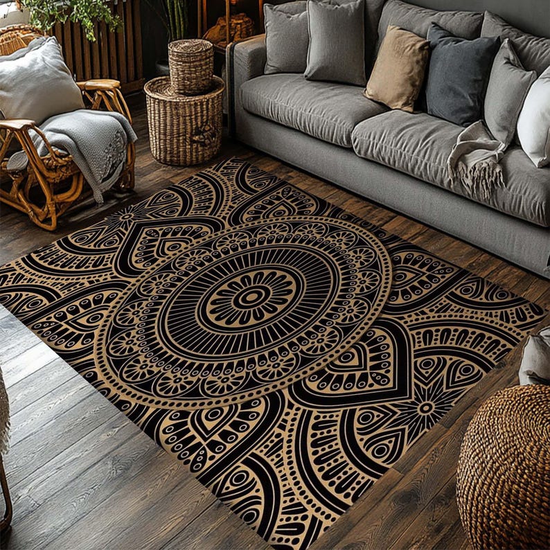 Mandala-mönstermatta, Boho-matta, Geometrisk designmatta, Etnisk matta, Svart och beige dekorativ matta, Modern Boho, Hantverksmässig, Intrikat mönster bild 2