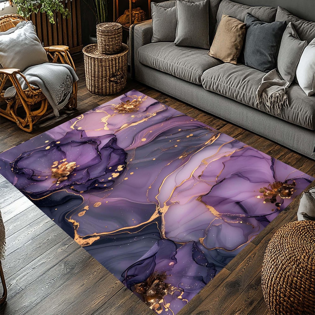 Purple Marble Abstract Area Rug, Gold Accent Decor - Etsy