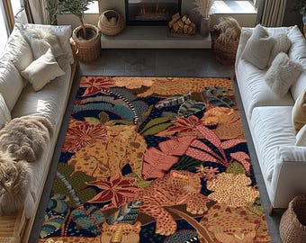 May include: A colourful rug with a jungle theme featuring leopards, flowers, and leaves. The rug has a dark blue background with bright orange, red, green, and yellow accents.
