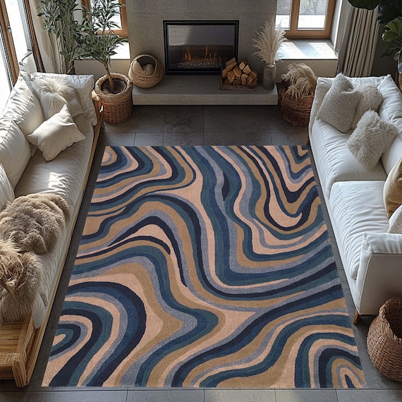 Modern Wavy Pattern Rug, Abstract Line Art Carpet, Blue Beige Area Rug, Contemporary Living Room Decor, Mid Century Modern Style Rug
