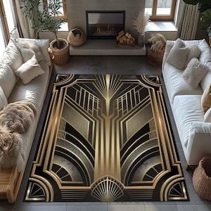 Art Deco Rug, Black Gold Striped Rug, Gold Lined Rug, Geometric Shaped Rug, Modern Decor, Home Decor Rug, Salon Abstract Minimalist Kitchen