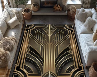 Art Deco Rug, Black Gold Striped Rug, Gold Lined Rug, Geometric Shaped Rug, Modern Decor, Home Decor Rug, Salon Abstract Minimalist Kitchen