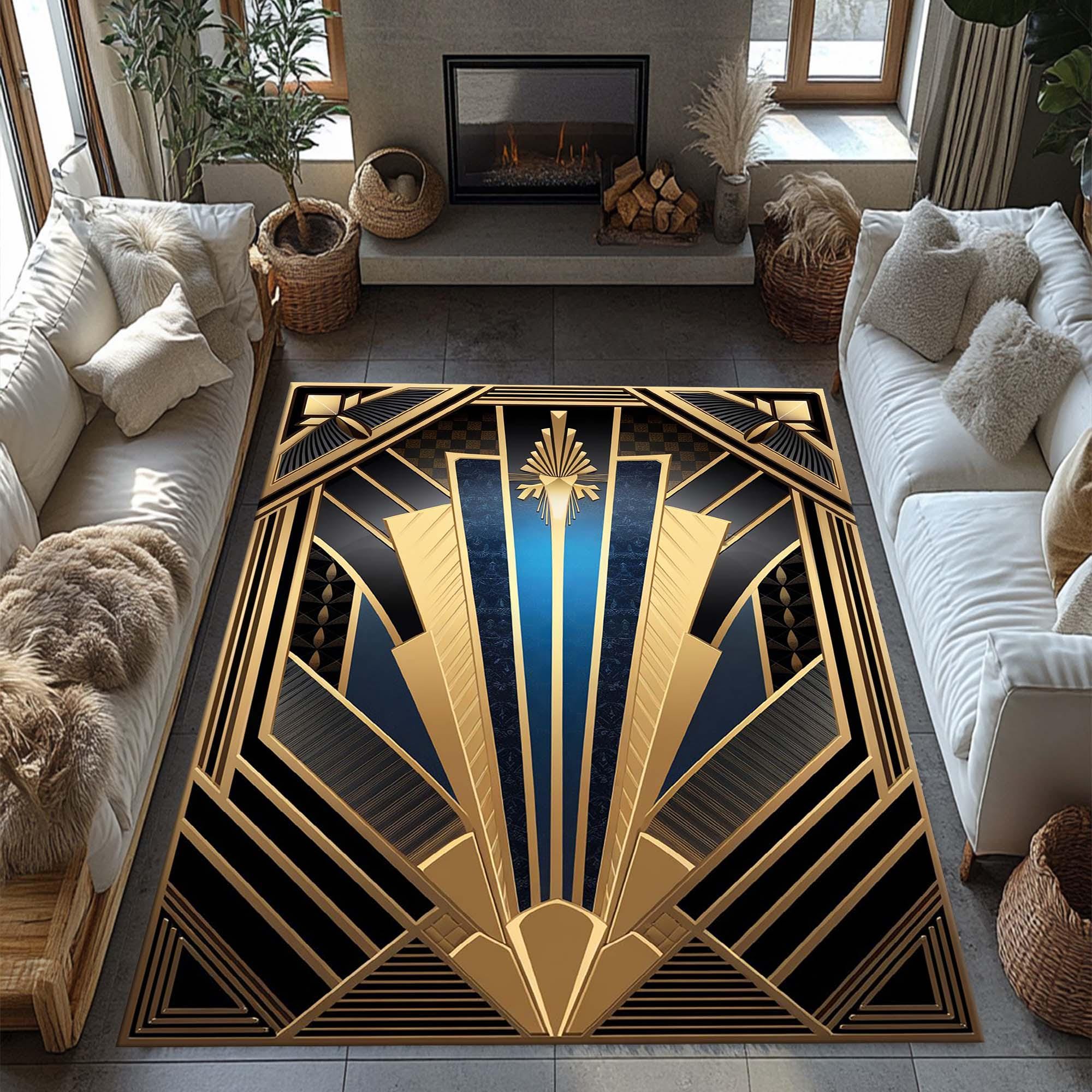 Art Deco Rug, Blue Gold Striped Rug,Havy Blue Lined Rug, Geometric Shaped Rug, Home Decor Rug, Salon Abstract Minimalist Kitchen
