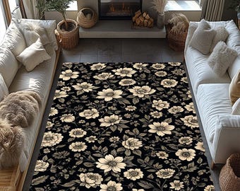 Alfombra floral, terciopelo negro con flecos, alfombra floral tradicional, alfombra de flores negras, alfombra para sala de estar, decoración elegante para el hogar, alfombra de jardín, estilo bohemio