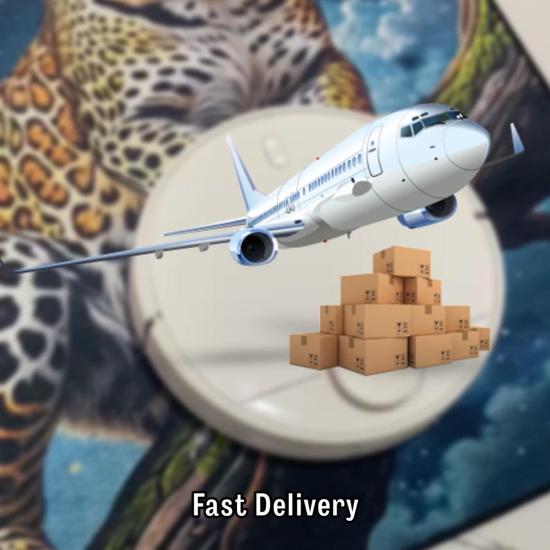 May include: A digitally created image featuring a white airplane flying above a stack of brown cardboard boxes. The words "Fast Delivery" are written in white at the bottom of the image. The background includes a blurred image of a jaguar.
