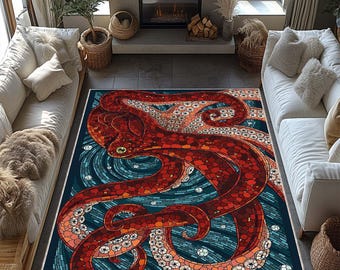 Octopus Art Floor Rug, Deep Sea Marine Creature Carpet, Gold Tentacle Coastal Decor, Unique Underwater Living Room Mat
